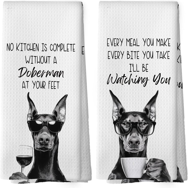 Mcehtle Funny Doberman Kitchen Towels Set of 2, Dog Kitchen Accessories, Coffee Station Decor, Dog Chef Gift Hand Towel, Dining Room Decorative Tea Towel Dish Towels 16x24 Inch - Image 1